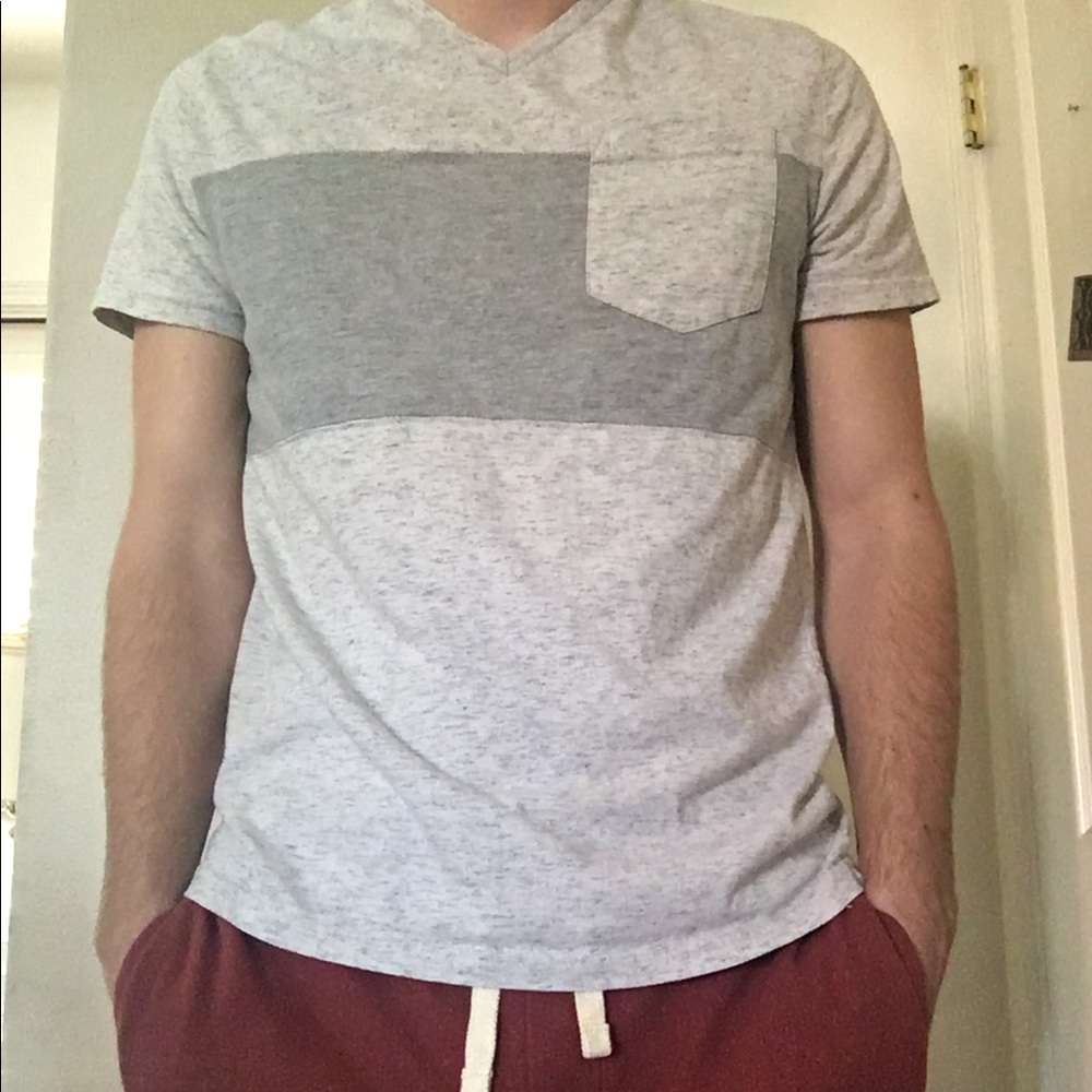 V-neck light grey and silver/blue T-shirt